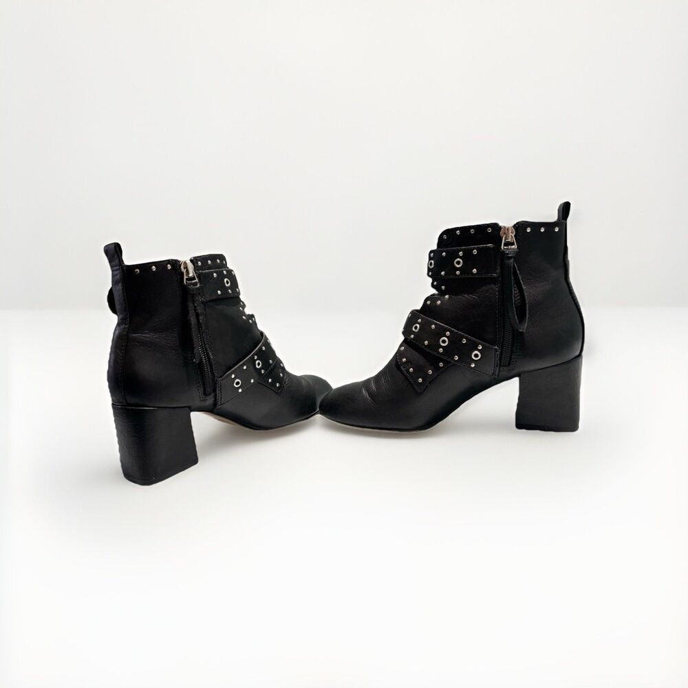 REBECCA MINKOFF Women's Black Leather Lamba Logan Booties Studded Sz 6 Buckle - Picture 6 of 14